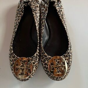 Tory Burch Animal Print Flats with Gold Logo